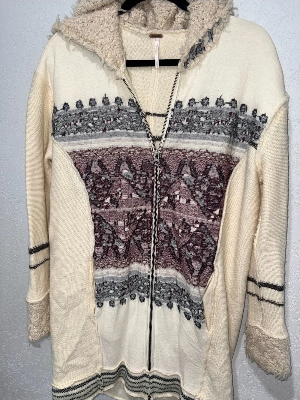 Free People Cream Hooded Zip Nordic Jacket